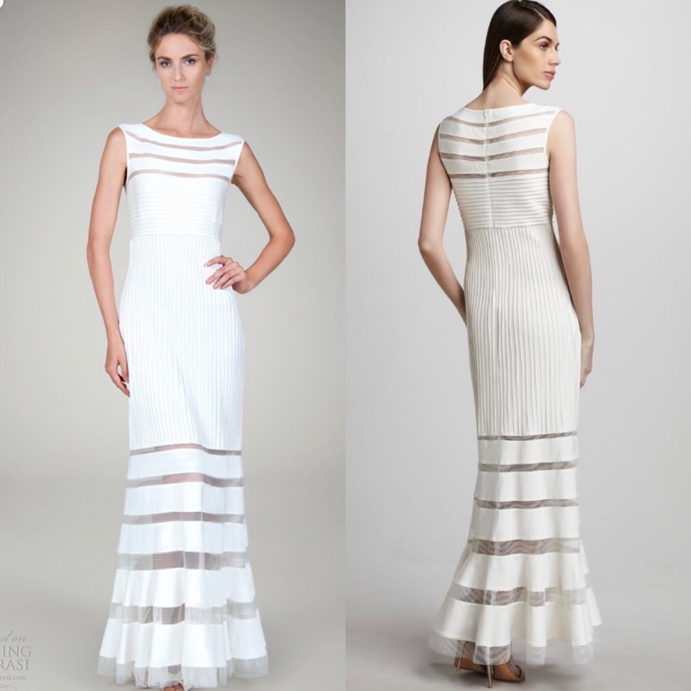 💕Host Pick💕 Tadashi Shoji Ivory Jersey Mesh Illusion Gown Dress Retail $650
